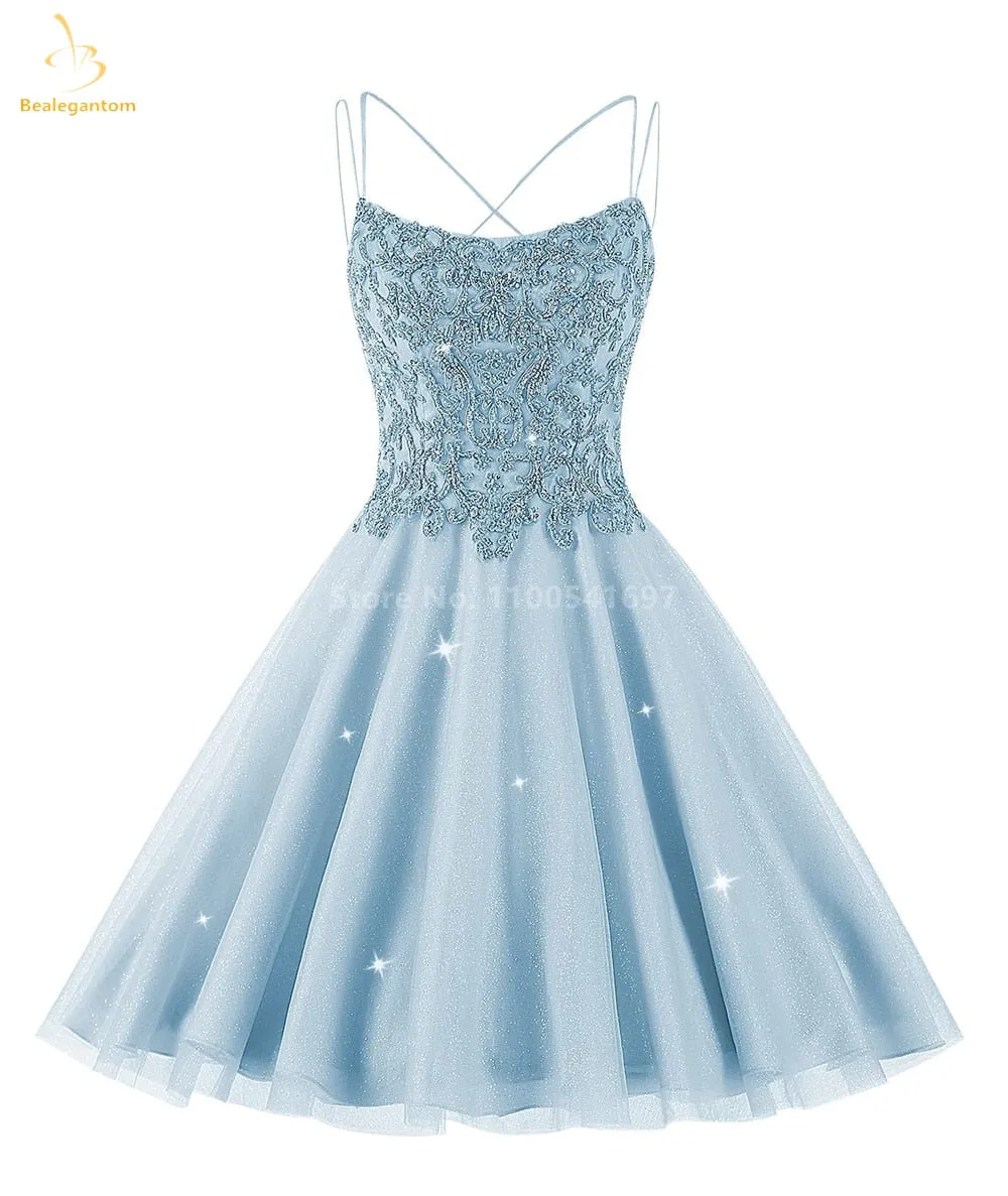 Bealegantom Lace Beaded Spaghetti Homecoming Dresses Sparkly Tulle Pageant Short Prom Party Cocktail Gown Vestidos De Graudation