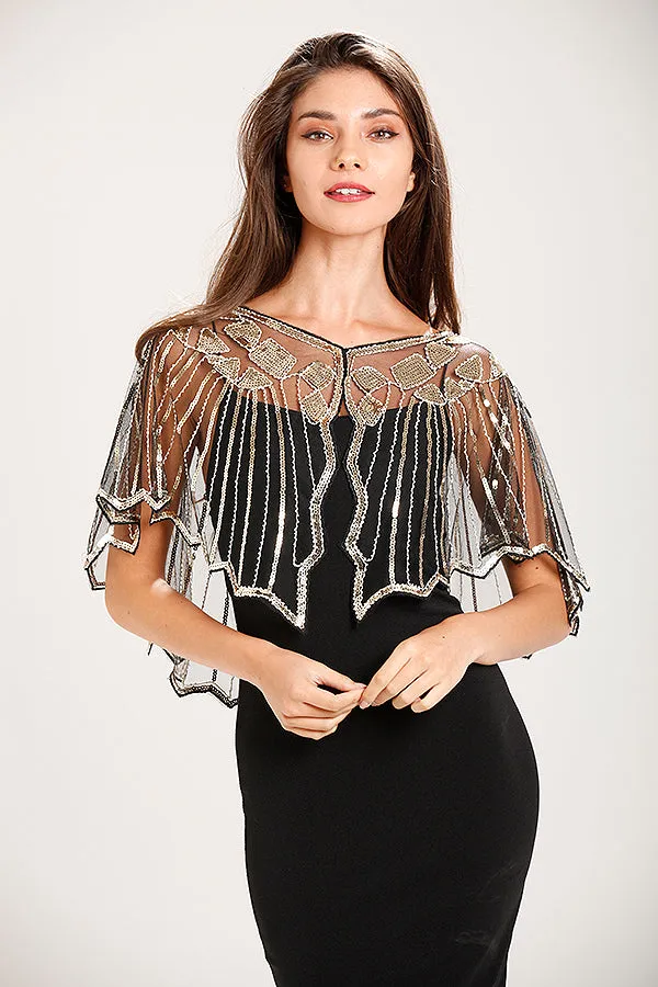 Black & Gold 1920s Sequin Capelet Shawl