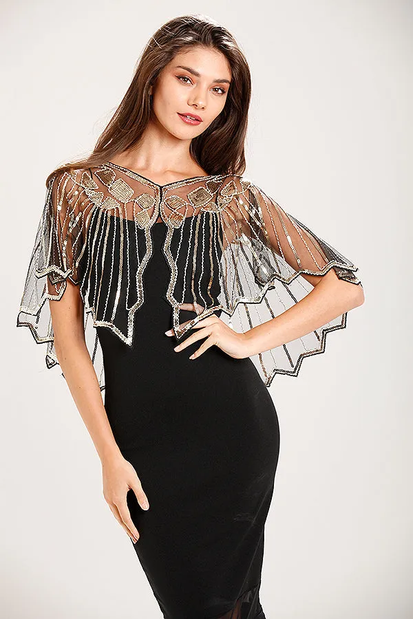 Black & Gold 1920s Sequin Capelet Shawl