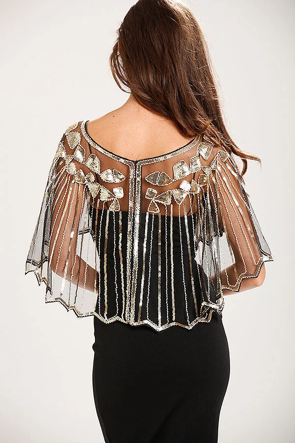 Black & Gold 1920s Sequin Capelet Shawl
