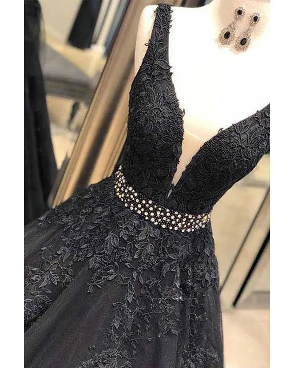 Black Deep V-Neck Prom Dresses with Lace Appliques Tulle Backless Evening Dresses