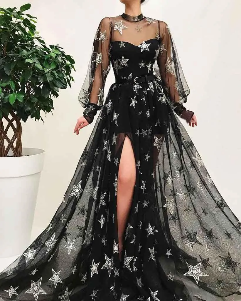 Black High Neck Split Long Prom Dress With Star Sparkly Long Sleeves PSK067