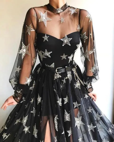 Black High Neck Split Long Prom Dress With Star Sparkly Long Sleeves PSK067