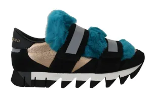 Black Leather Blue Fur Sneakers