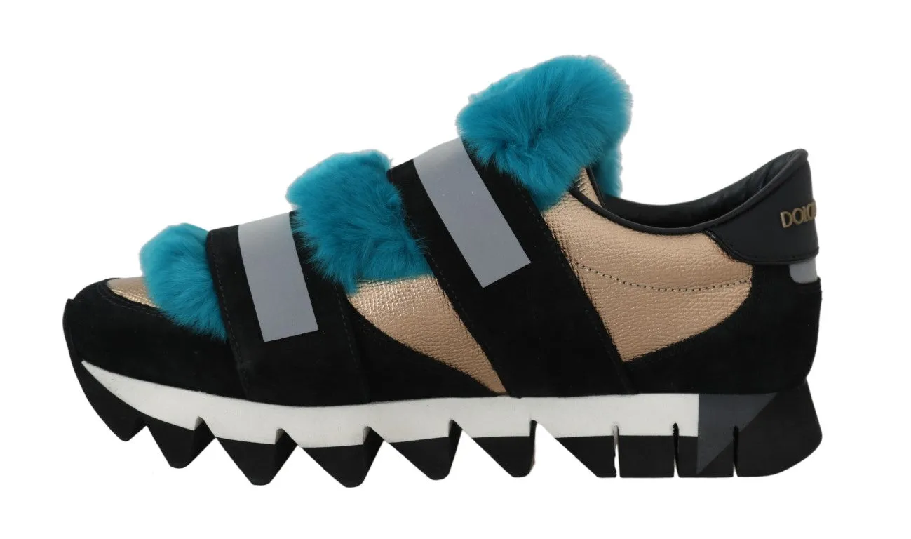 Black Leather Blue Fur Sneakers