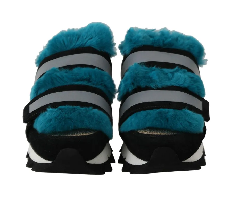 Black Leather Blue Fur Sneakers