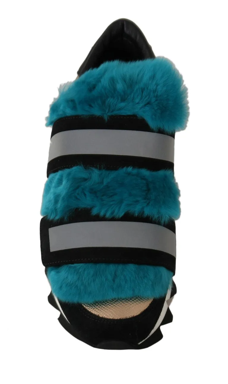 Black Leather Blue Fur Sneakers