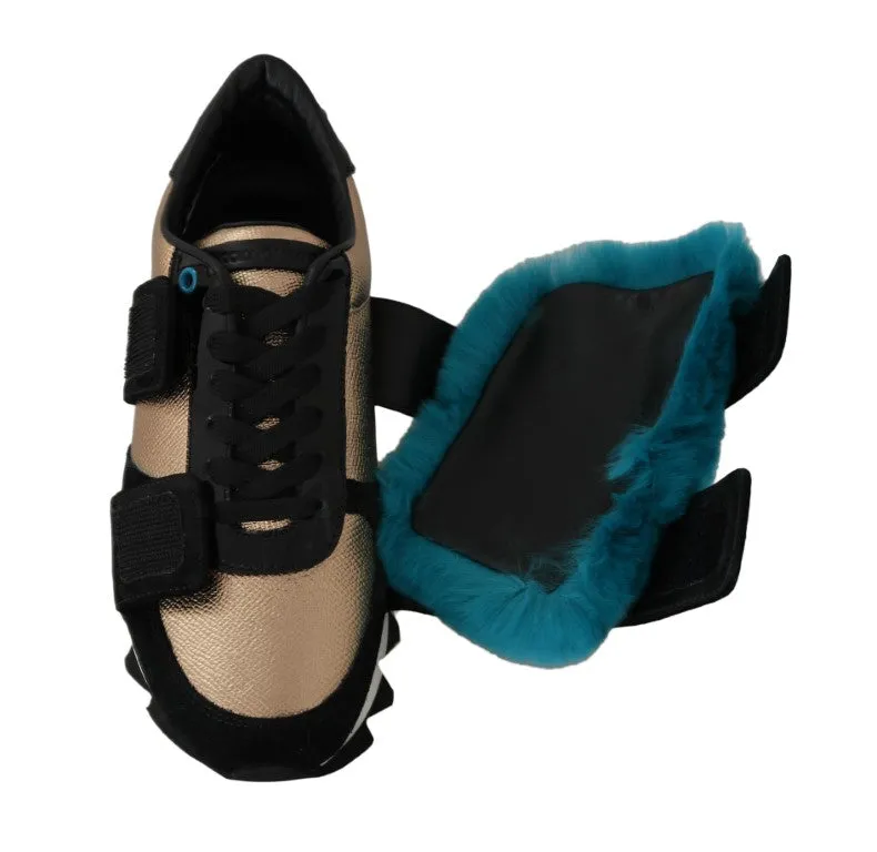 Black Leather Blue Fur Sneakers