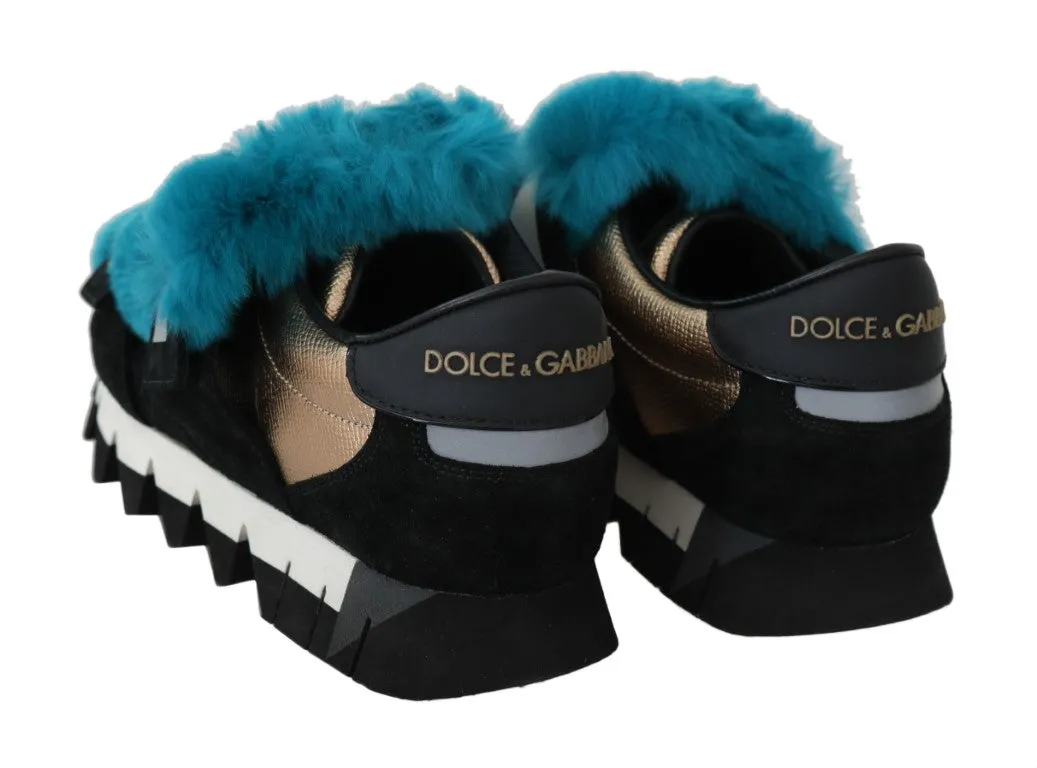 Black Leather Blue Fur Sneakers