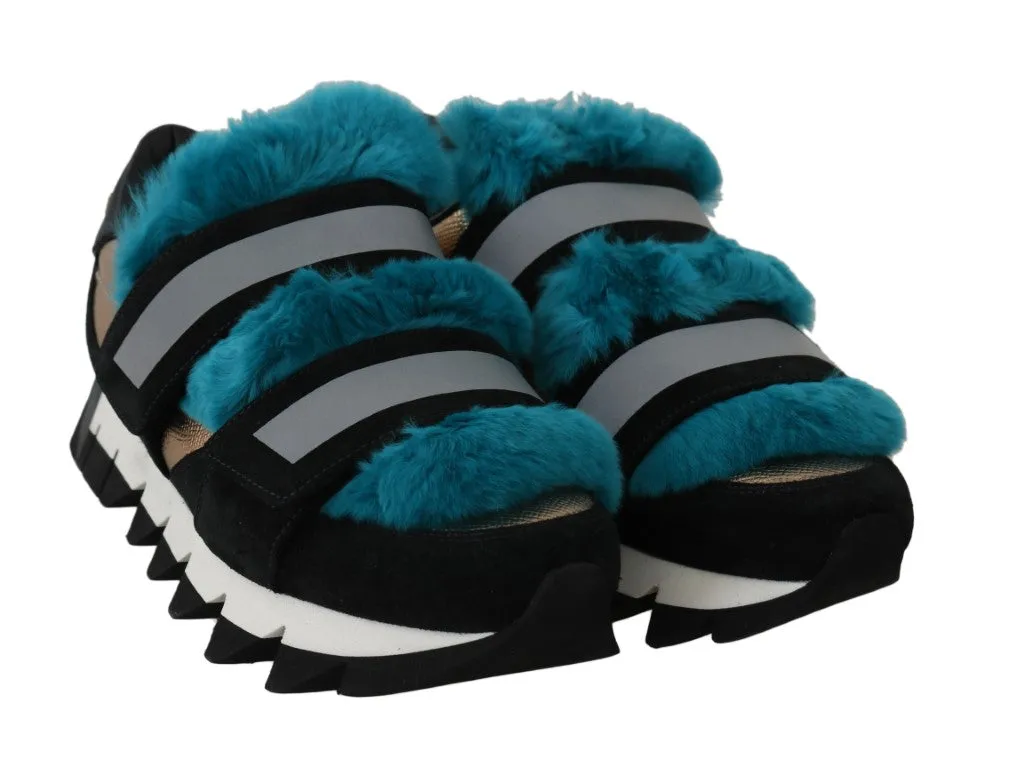 Black Leather Blue Fur Sneakers