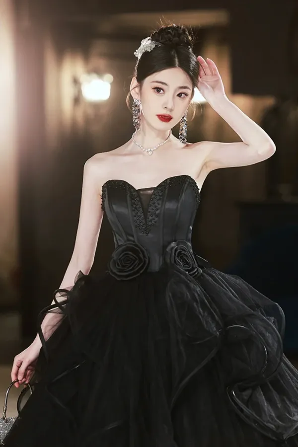 Black Tulle Beaded Long Ball Gown, A Line Strapless Evening Formal Gown APP0886
