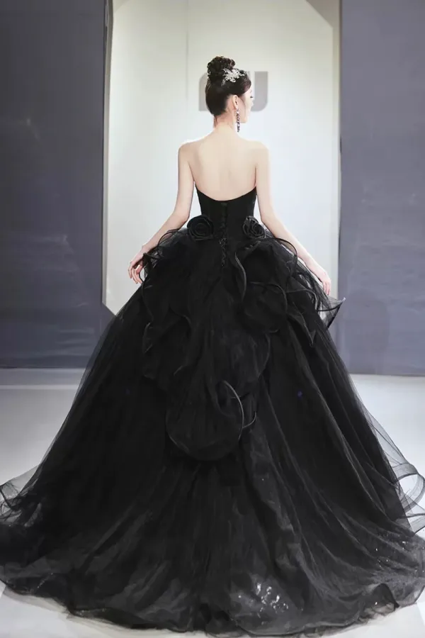 Black Tulle Beaded Long Ball Gown, A Line Strapless Evening Formal Gown APP0886