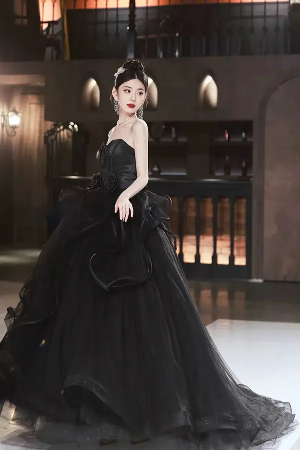 Black Tulle Beaded Long Ball Gown, A Line Strapless Evening Formal Gown APP0886