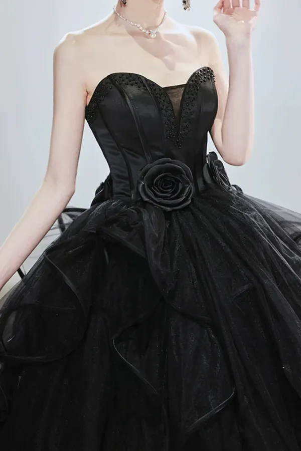Black Tulle Beaded Long Ball Gown, A Line Strapless Evening Formal Gown APP0886