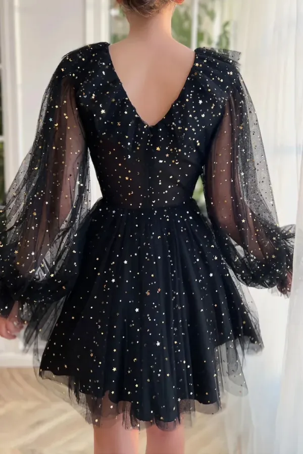 Black V Neck Tulle Short Prom Dress, Cute A Line Long Sleeve Party Dress APH0249