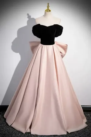 Black Velvet and Pink Satin Long Prom Dress, Beautiful A Line Evening Party Dress with Bow APP0843