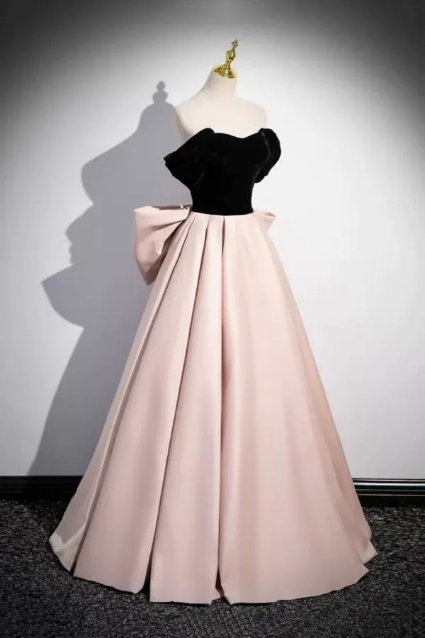 Black Velvet and Pink Satin Long Prom Dress, Beautiful A Line Evening Party Dress with Bow APP0843
