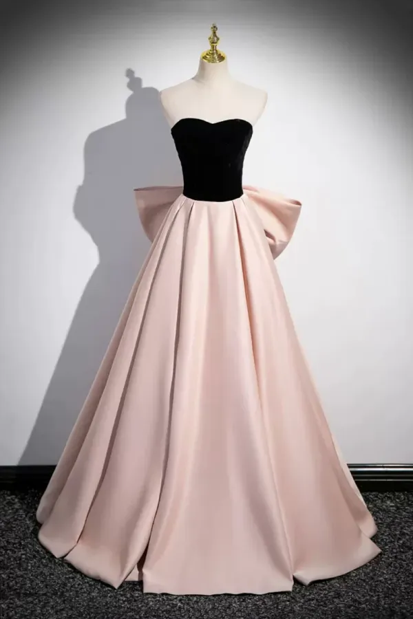 Black Velvet and Pink Satin Long Prom Dress, Beautiful A Line Evening Party Dress with Bow APP0843