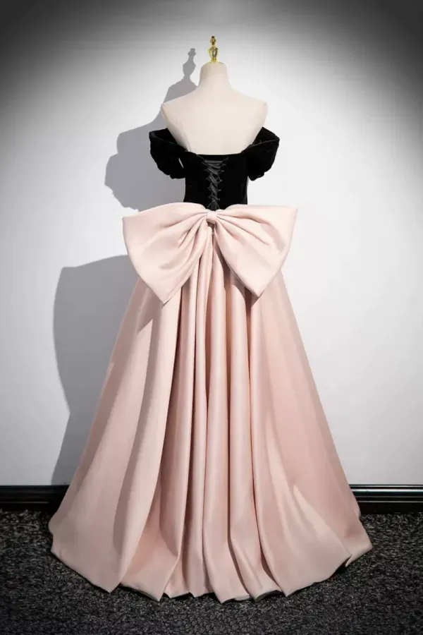 Black Velvet and Pink Satin Long Prom Dress, Beautiful A Line Evening Party Dress with Bow APP0843