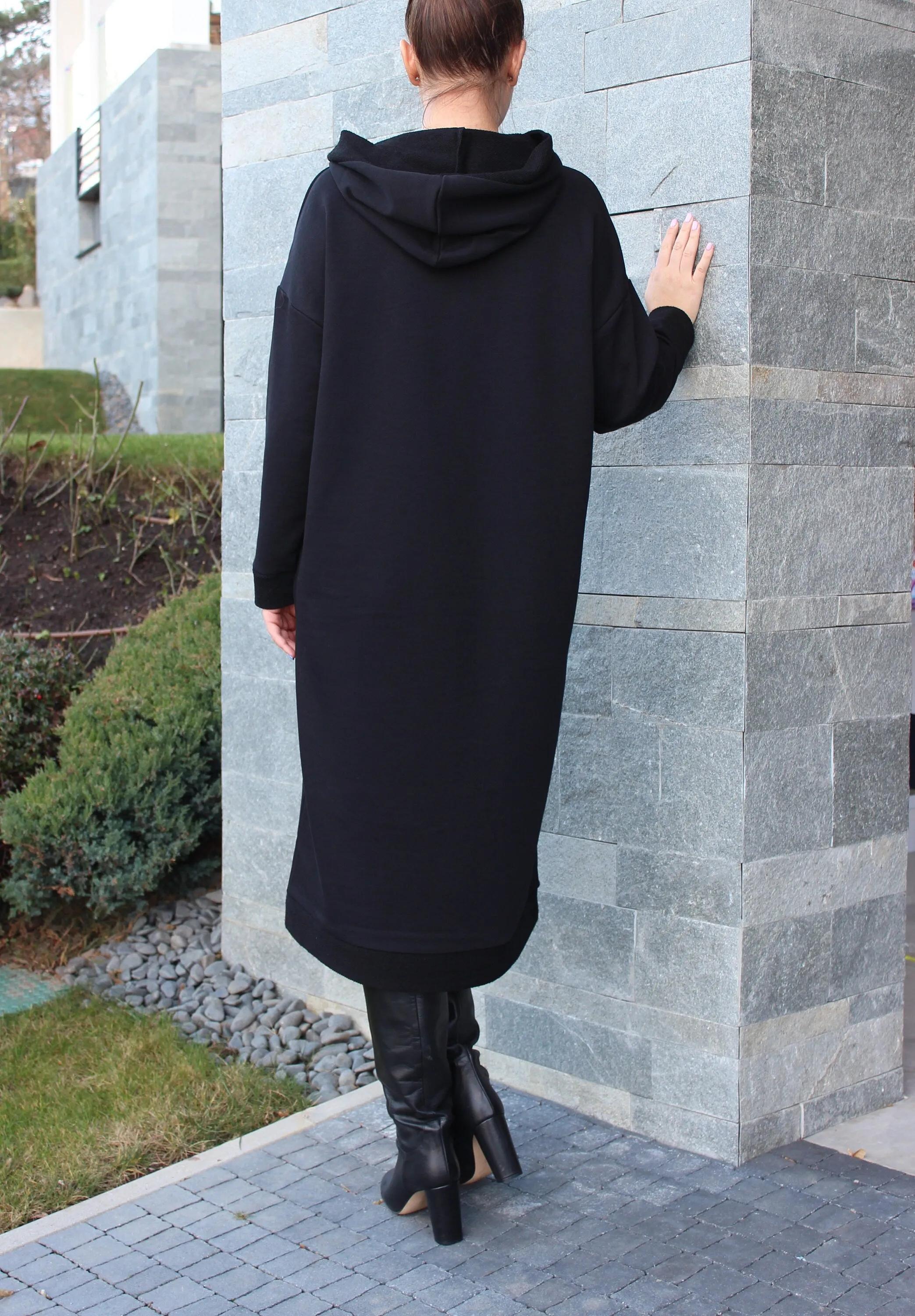 Black Winter Dress, Hoodie Dress, Plus Size Clothing, Black Maxi Dress, Long Sleeve Dress, Gothic Dress, Pocket Dress,Plus Size Dress,Caftan