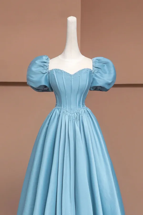 Blue Satin Long A Line Prom Dress with Pearls, Cute Short Sleeve Evening Dress APP0986