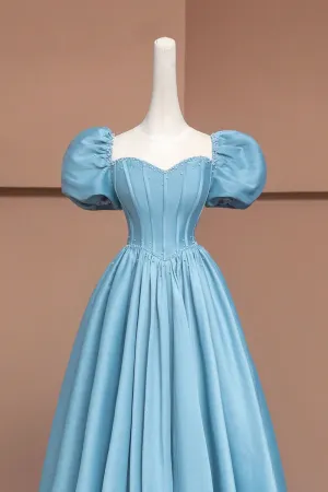 Blue Satin Long A Line Prom Dress with Pearls, Cute Short Sleeve Evening Dress APP0986