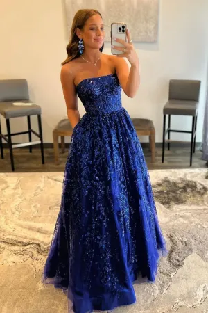 Blue Tulle A Line Simple Style Long Party Dress, Blue Long Prom Dress APP1049