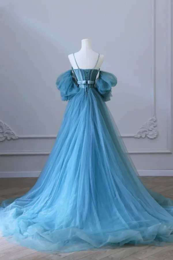 Blue Tulle Long Spaghetti Strap Prom Dress and Corset, Detachable off Shoulder Party Dress APP0828