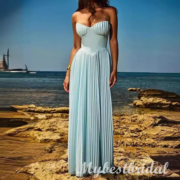 Blue V-neck with Ruffles Sleeveless A-line Long Prom Dress,PDS11711