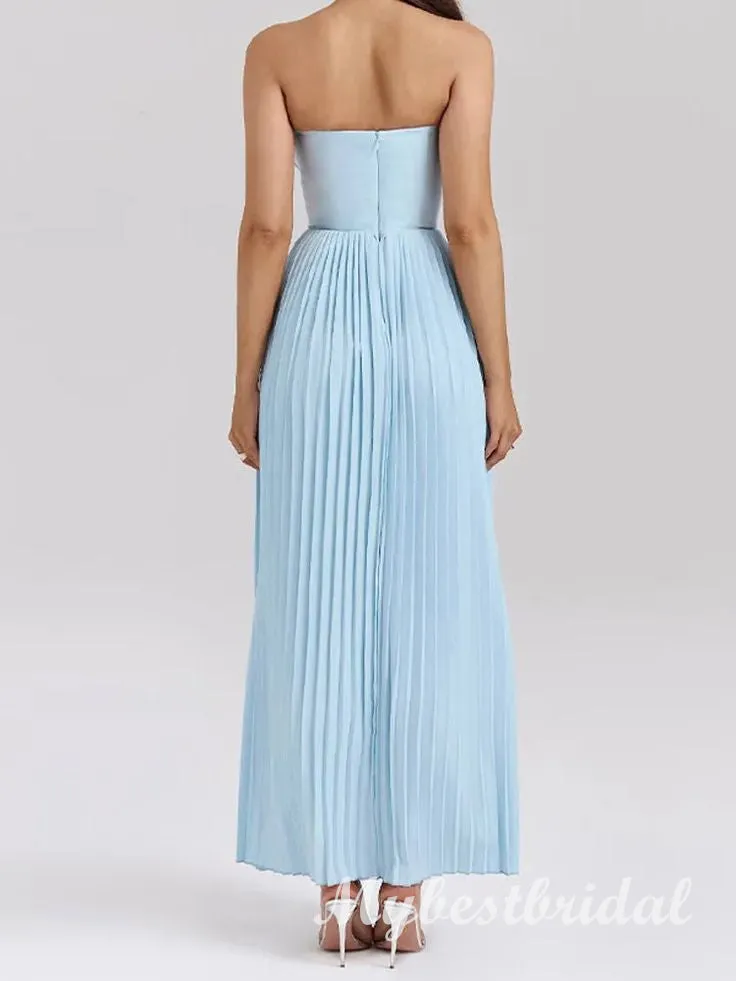 Blue V-neck with Ruffles Sleeveless A-line Long Prom Dress,PDS11711