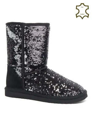 Bottes fourrées neige Sinly à sequins noir /argent