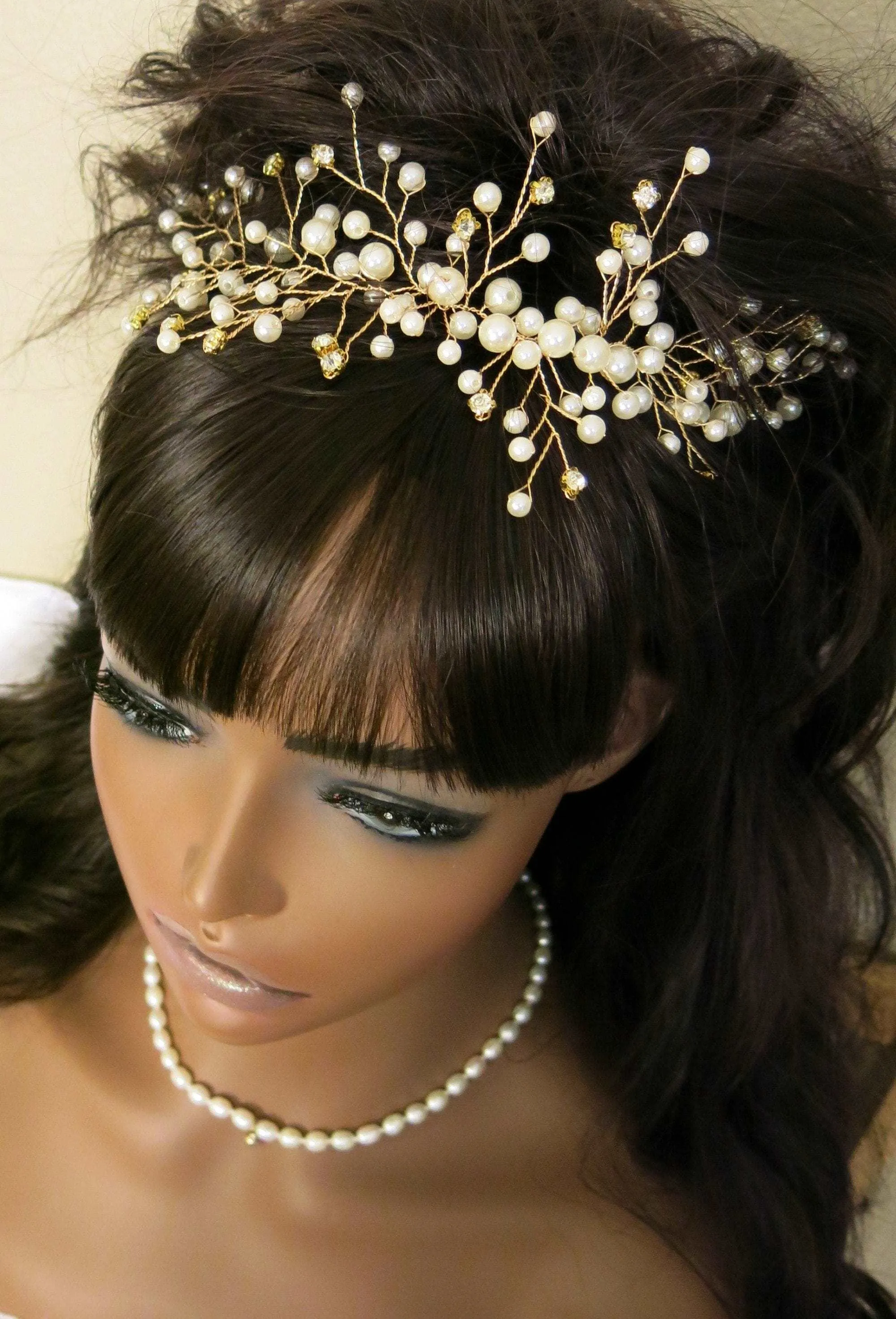 Bridal Pearl and Crystal Hair Vine Headband, Wedding Wire Pearl Head Wreath, Bridesmaid Rhinestone Pearl Hairpiece, Pearl Hair Wire