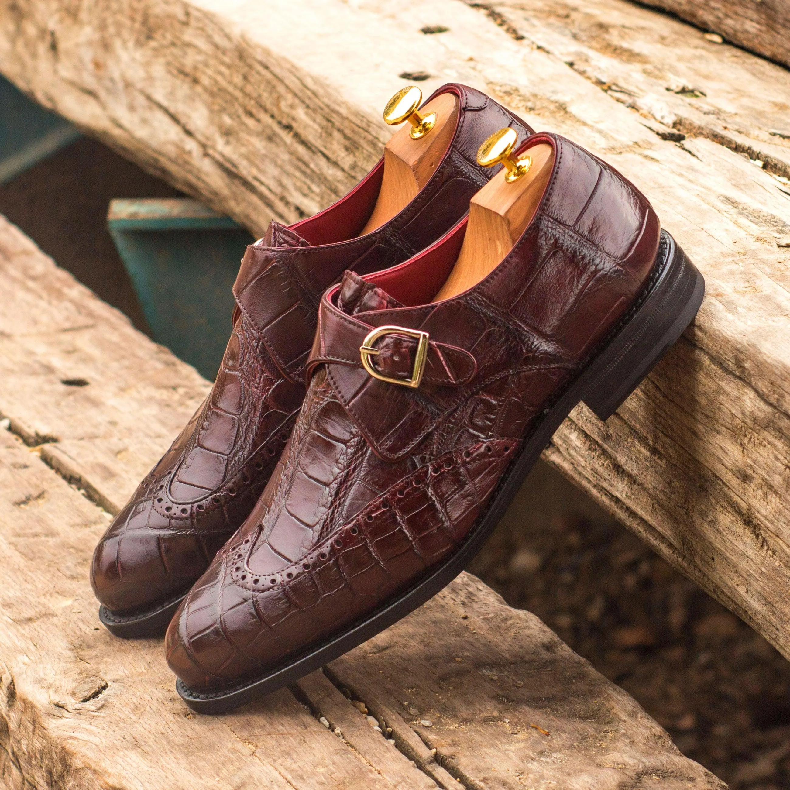 Burgundy Alligator Single Monk Shoes