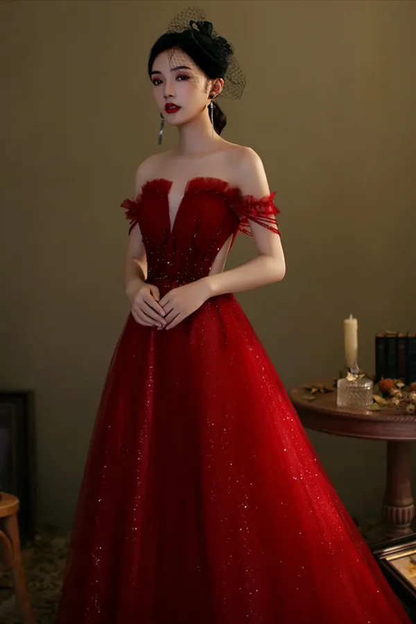 Burgundy Tulle Beaded Long Prom Dress, A Line Off the Shoulder Evening Dress APP0953