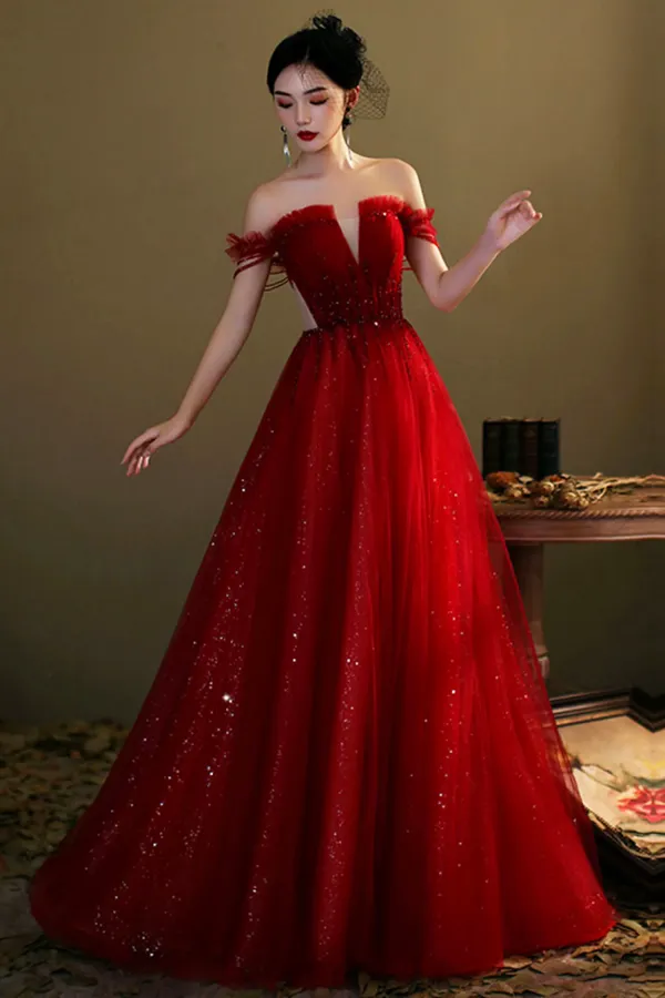 Burgundy Tulle Beaded Long Prom Dress, A Line Off the Shoulder Evening Dress APP0953