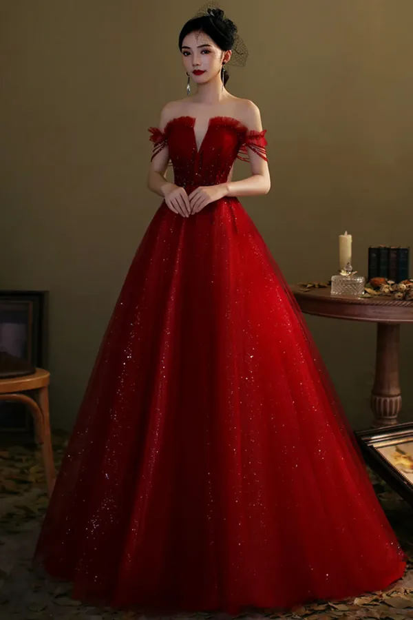 Burgundy Tulle Beaded Long Prom Dress, A Line Off the Shoulder Evening Dress APP0953