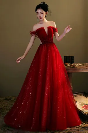 Burgundy Tulle Beaded Long Prom Dress, A Line Off the Shoulder Evening Dress APP0953