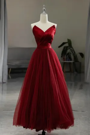 Burgundy V Neck Satin Tulle Long Prom Dress, A Line Strapless Evening Party Dress APP1142