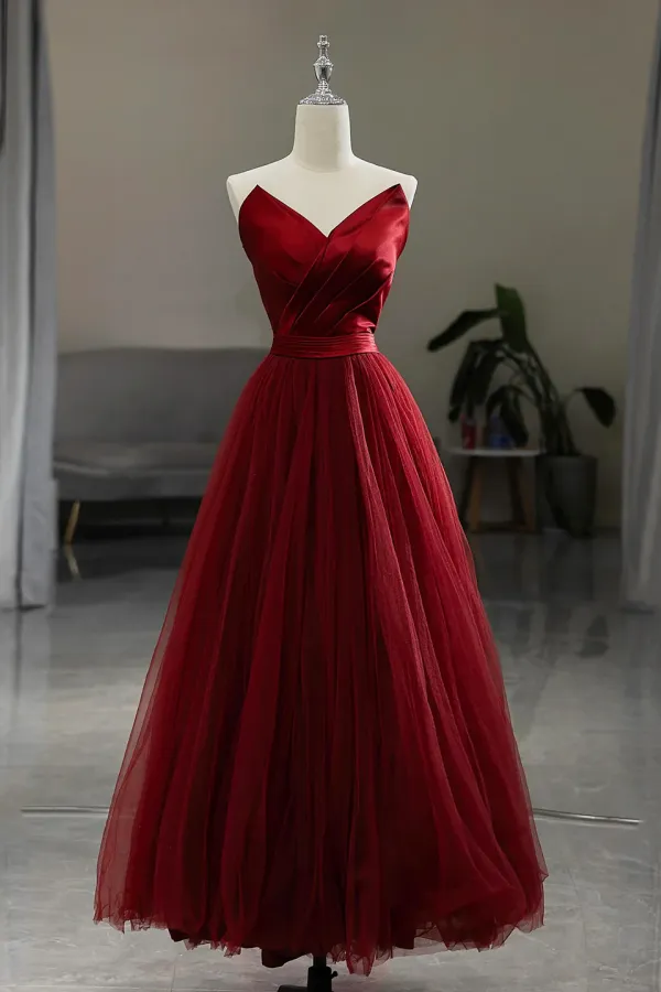 Burgundy V Neck Satin Tulle Long Prom Dress, A Line Strapless Evening Party Dress APP1142
