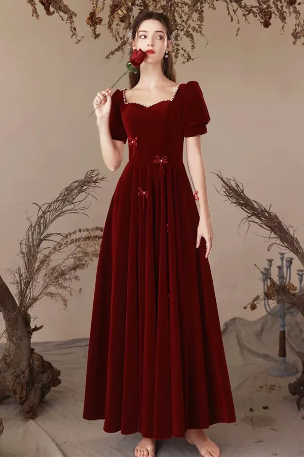 Burgundy Velvet Long Party Dress, A Line Short Sleeve Evening Prom Dress APP1109