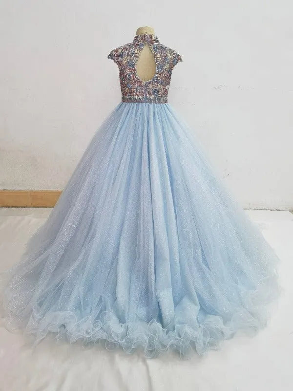 Cap Sleeve Teens Sky Blue Sparkly Pageant Gowns