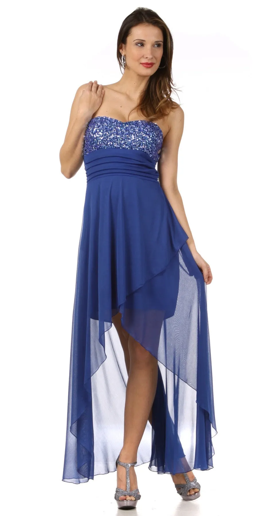 Celavie 2371L High Low Dress Chiffon Sequin/Rhinestone Strapless