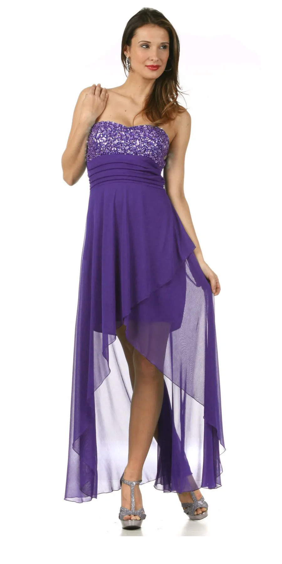 Celavie 2371L High Low Dress Chiffon Sequin/Rhinestone Strapless