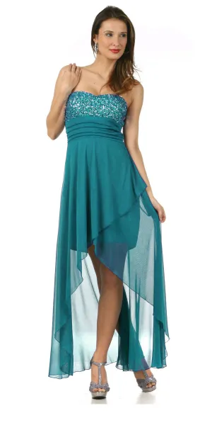 Celavie 2371L High Low Dress Chiffon Sequin/Rhinestone Strapless