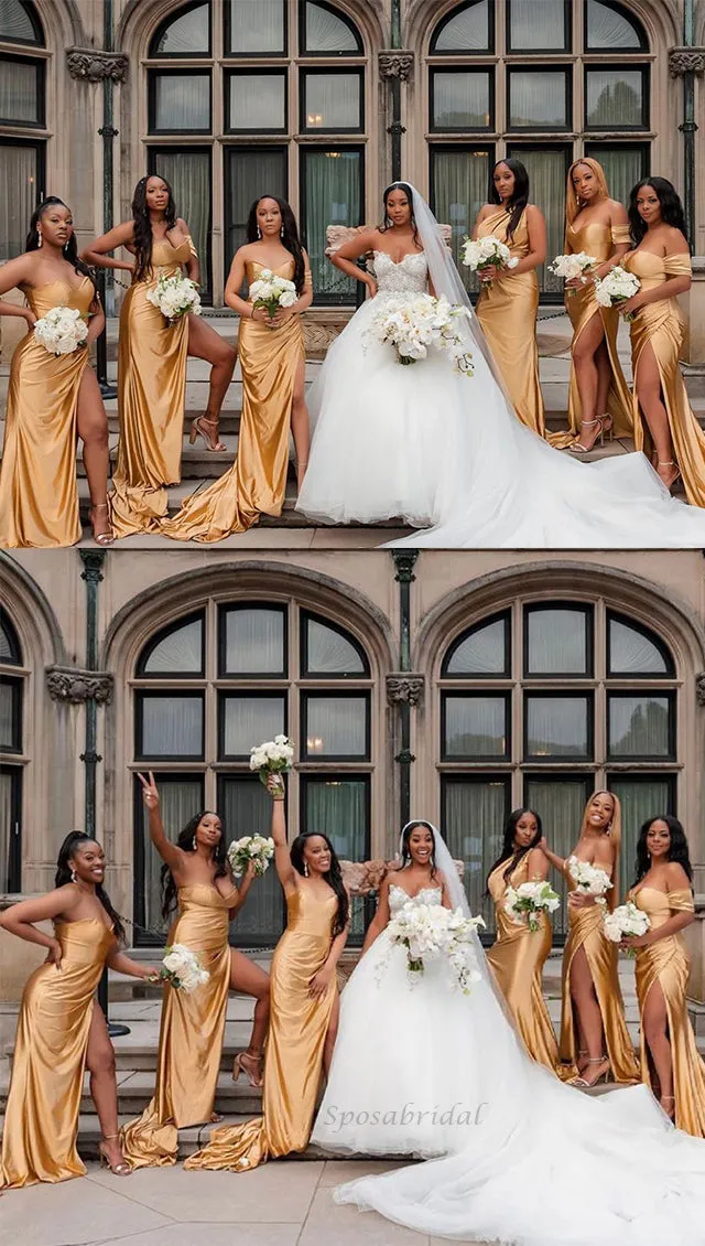 Champagne Gold Mismatchy Sexy Side-slit Long Mermaid Bridesmaid Dress, BD3258
