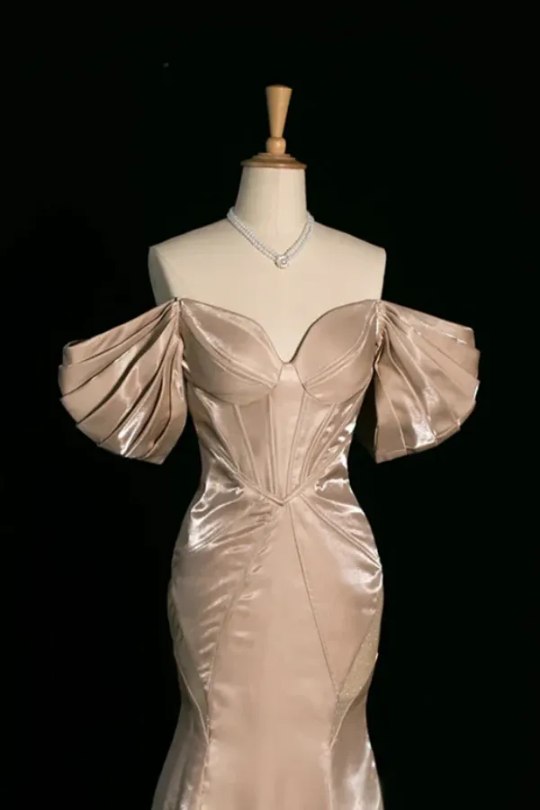 Champagne Mermaid Off The Shoulder Satin Long Party Dress, Party Dress APP1145