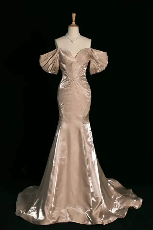 Champagne Mermaid Off The Shoulder Satin Long Party Dress, Party Dress APP1145