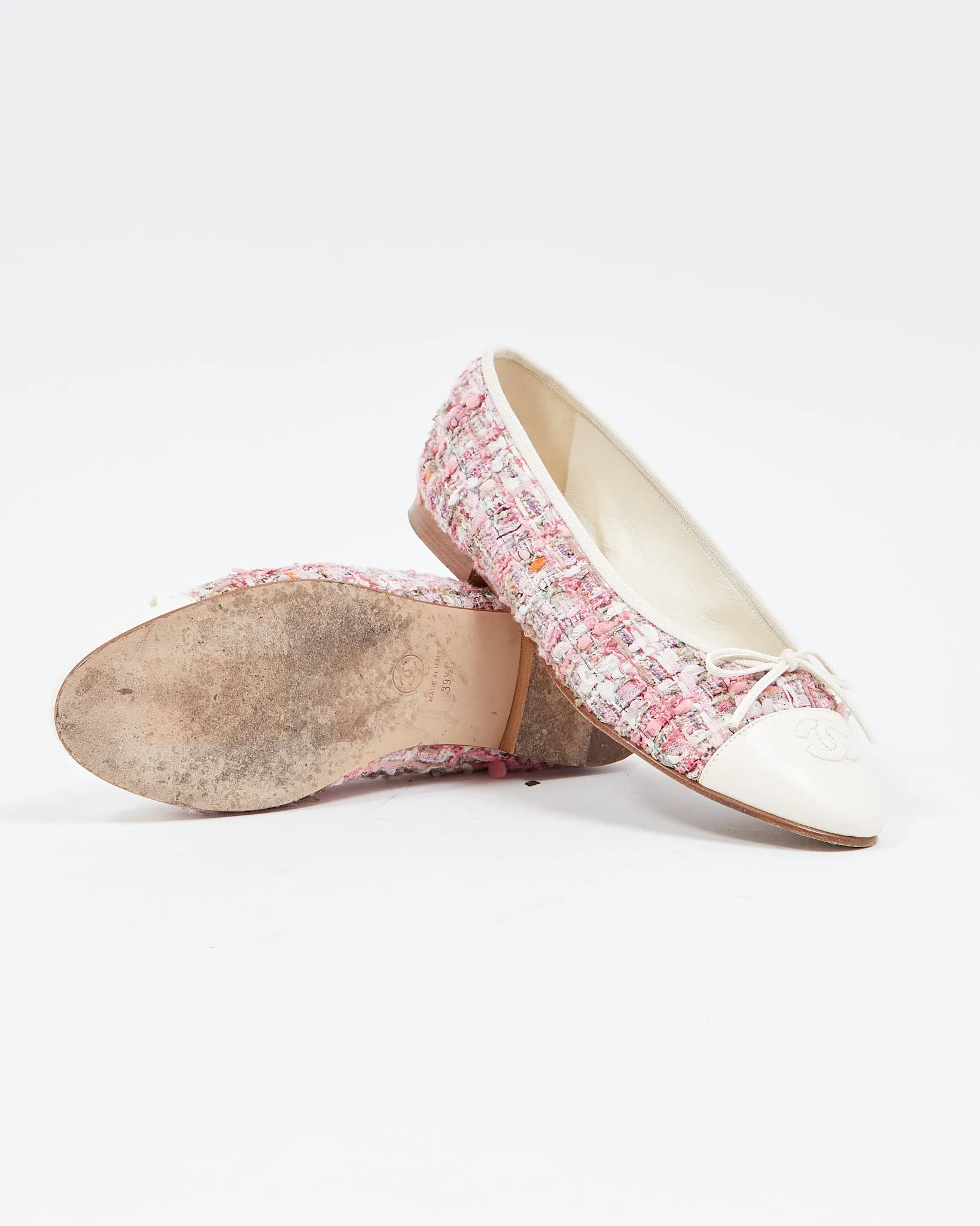 Chanel Tweed Pink Logo Ballerina Flats - 39.5