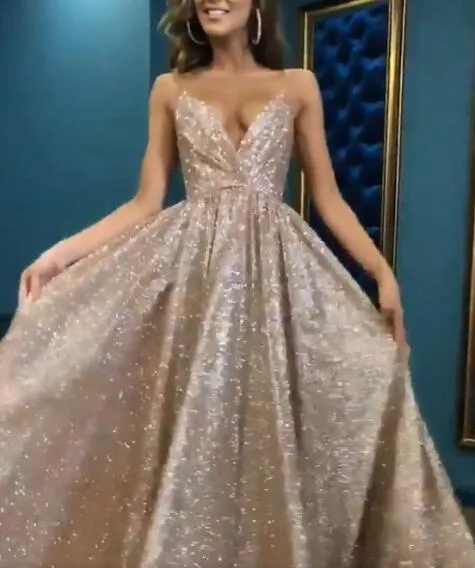 Charming Spaghetti Straps V-neck A-line Sparkly Modest Prom Dresses, PD0931