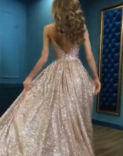 Charming Spaghetti Straps V-neck A-line Sparkly Modest Prom Dresses, PD0931
